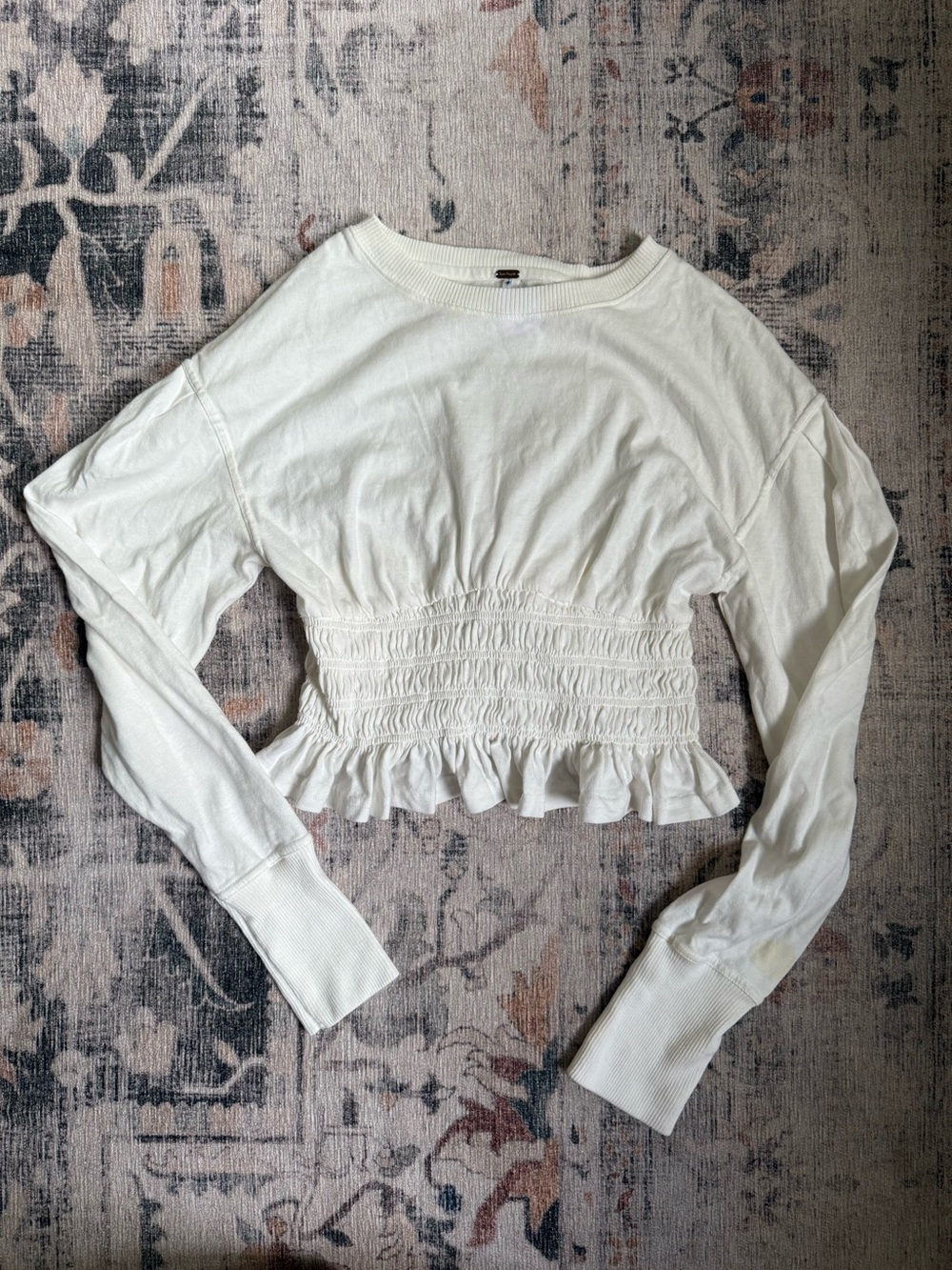 Free People White Smocked Peplum Long Sleeve Top